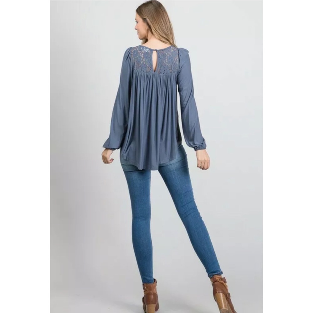 SOLD OUT Steel Blue Modal Long Sleeve Smocked Lace Tunic - Picture 5 of 6